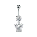 Detail of silver belly ring with butterfly pendant and sparkling zircon crystals - Butterfly Style (3288) / Steel