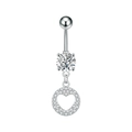 Macro shot of silver navel ring with zircon main stone and hollow heart pavé pendant - Steel Color (3323)