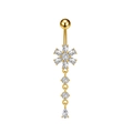 Detail of gold-plated belly ring featuring zircon flower and pear-shaped droplet pendant - Floral Tassel Style (3296) / 3296 Gold Color