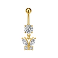 Detailed view of golden butterfly belly ring featuring sparkling marquise zircon pendant - Butterfly Style (3288) / Gold