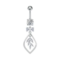 Detail view of silver stainless steel belly ring with zircon bow and teardrop pendant - Butterfly Tassel Style (3400) / Silver