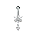 Detail van zilveren navelpiercing met zirkoon bloem en hartvormige kristallen hanger - 3297 Zilverkleur