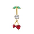 Nahaufnahme eines Kirsch-Bauchnabelpiercings mit roten Herz-Kristallen und grünen Blättern - 3236 Goldfarbe (Kirsche)