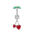 Makro-Detail des Kirsch-Bauchpiercings mit roten Herzsteinen und grünen Blättern - 3236 Stahlfarbe (Kirsche)