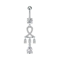 Dettaglio del piercing all'ombelico argento con nastro di zirconi e pendente a goccia - Stile Nodo a Nastro (3090 Color Acciaio)