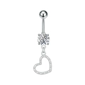 Detailed close-up of a silver belly button ring with a hollow heart charm and cubic zirconia - Steel Color (3324)