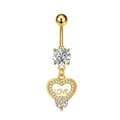 Detailed close-up of golden heart navel ring with LOVE engraving and white zircon stones - LOVE Heart Engraving (3289) / Gold