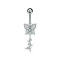 Gedetailleerd beeld van zilveren vlinder navelpiercing met glanzende zirkoon kwastjes - 3298 Zilverkleur