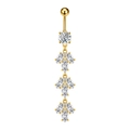 Macro detail of gold-plated belly piercing with cascading leaf-shaped zircon dangles - Triple Layer Leaf Style (3401) / Gold