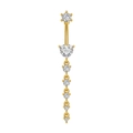 Detailansicht eines goldenen Bauchnabelpiercings mit Herz-Zirkonia und Kristall Quasten - 3237 Goldfarbe (Herzquaste)