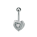 Macro detail of silver heart belly button ring with sparkling heart-shaped zircon stone - Triple Heart Tiered Style (3308) / Silver