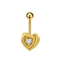 Detailed close-up of a golden heart navel ring with a sparkling heart-shaped zircon stone - Triple Heart Tiered Style (3308) / Gold