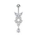 Dettaglio di piercing all'ombelico in argento con zircone a farfalla e goccia pendente - Stile Fiore Farfalla (3402) / Argento