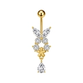 Dettaglio di un piercing all'ombelico dorato con farfalla in zircone e pendente a goccia - Stile Fiore Farfalla (3402) / Oro