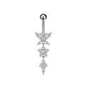 Detail van navelpiercing met vlinder zirkoon en een waterdruppel hanger metaal - 3299 Zilverkleur