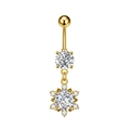 Macro detail of golden butterfly navel ring featuring shimmering cubic zirconia pendants - Hollow Snowflake (3290) / Gold