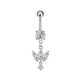 Roestvrijstalen navelpiercing met zirkonia en een marquisevormige bladhangende hanger - Kroon Blad Hanger (3213) / Staalkleur