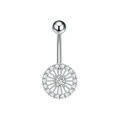Polished silver navel ring with round disc design and micro-paved white zircon stones - Round Wheel Style (3309) / Silver
