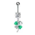 Detailed view of silver clover belly ring with green zircons and heart leaves - Clover Style (3291) / Steel