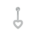 Detail of heart-shaped belly ring with pavé-set zircons and elegant silver chain - Pave Heart Border Style (3411 Steel Color)