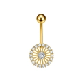 Detail of gold navel piercing featuring a crystal-studded wheel pendant and polished finish - Round Wheel Style (3309) / Gold