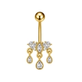 Detailed view of golden stainless steel navel ring with zircon pendant and drop oil finish - Vintage Chandelier Style (3214) / Gold