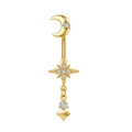 Detailansicht eines goldfarbenen Stern-Mond-Bauchnabelpiercings mit Zirkonia-Steinen - 3239 Goldfarbe (Stern Mond)