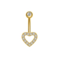 Detailed view of a gold heart navel piercing with pavé-set marquise cubic zirconia stones - Pave Heart Border Style (3411 Gold)