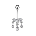 Macro shot of silver stainless steel belly ring with sparkling zircon tassels and flower cluster - Tassel Fan Cluster (3214) / Steel