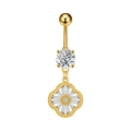 Piercing para el ombligo bañado en oro con colgante de trébol de circonitas y barra curva - Estilo Flor Radiante (3469 Dorado)