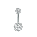 Macro detail of silver navel piercing with mandala flower design and white cubic zirconia - Mandala Petal Style (3310) / Silver