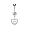 Macro shot of stainless steel belly button ring featuring a double heart pendant with zircons - Steel Color (3327)