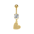 Detalle de piercing de ombligo de corazón dorado con circonitas pavé y botón solitario redondo - 3317 / Dorado