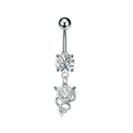 Close-up of heart-shaped zircon devil pendant on a silver stainless steel belly ring - Devil Heart Style (3292) / Steel