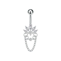 Detalle de piercing de ombligo de acero con corona de circonita y cadenas dobles finas - Estilo Corona de Flores con Borla (3412 Color Acero)