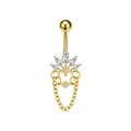 Detalle de piercing de ombligo dorado con flores de circón y cadena delicada - Estilo Corona de Flores con Borla (3412 Dorado)