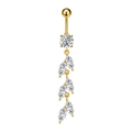 Dettaglio del piercing all'ombelico dorato con perno in zircone e pendente a foglia marquise - Stile Nappina Foglia (3404) / Oro