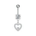 Detail of silver navel ring with circular zircon and a double heart dangle charm - Steel Color (3328)