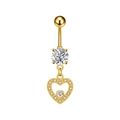 Detail of gold navel ring with zircon-encrusted heart pendant and curved barbell - Gold (3328)