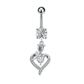 Macro view of silver heart navel ring featuring sparkling zircon and tulip flower detail - Steel
