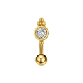 Detail van gouden navelpiercing met ronde zirkonia en kleine metalen kraaltjes - Drie-Kralen Blad Stijl (3464) / Goud