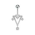 Detalle de piercing de ombligo con circón de corazón y borlas de cadena de plata fina - Estilo Piedra Corazón Cadena en V (3413 Color Acero)