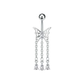 Dettaglio macro del piercing all'ombelico a farfalla d'argento con nappe in zircone - Stile Nappina Farfalla Traforata (3405) / Argento