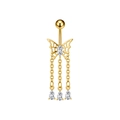 Dettaglio del piercing all'ombelico a farfalla dorata con nappe in zircone lucido - Stile Nappina Farfalla Traforata (3405) / Oro
