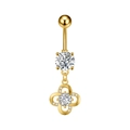 Detalle de piercing de ombligo dorado con colgante de trébol y circonita brillante - Estilo Trébol de Cuatro Hojas (3471 Dorado)