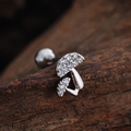 Macro view of mushroom stud earring with micro-paved cubic zirconia on wood background - Mushroom Shape (3442) / Silver