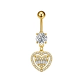 Detalle del piercing de ombligo de corazón dorado con circonitas de corte baguette y redondo - Estilo Doble Corazón Oro (3424)