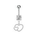 Detail view of double heart dangle navel ring with cubic zirconia micro-pave setting - Steel Color (3329)