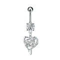 Detail of silver navel piercing with sparkling zircon heart pendant and lava metal frame - Fluid Heart Style (3294) / Steel