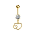 Macro shot of gold belly button ring featuring a brilliant zircon and double heart pendant - Gold (3329)